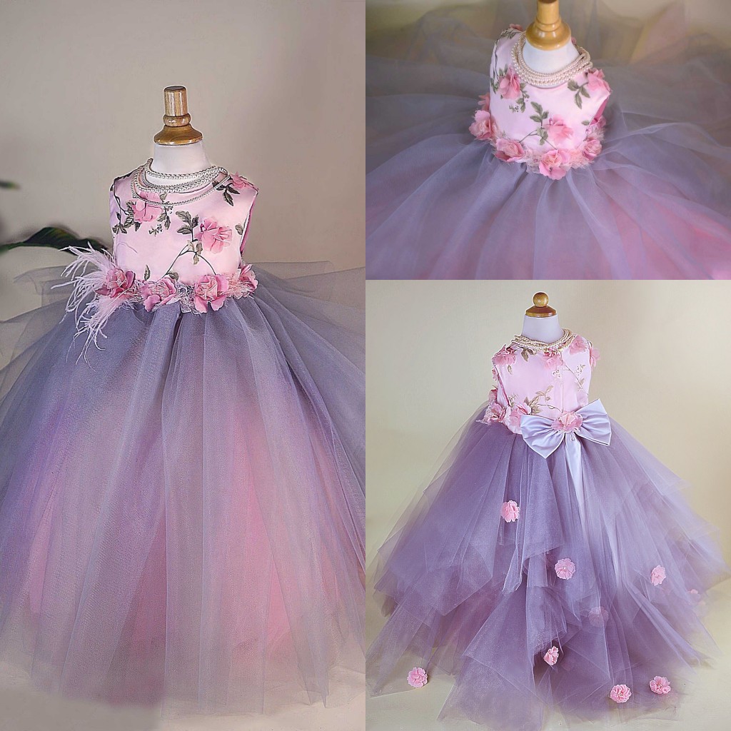 Ball Gown Flower Girl Dress Jewel Neck Sleeveless Tulle Lace Applique Hand Made Flower Wedding Dress Floor Length Girl's Birthday Part