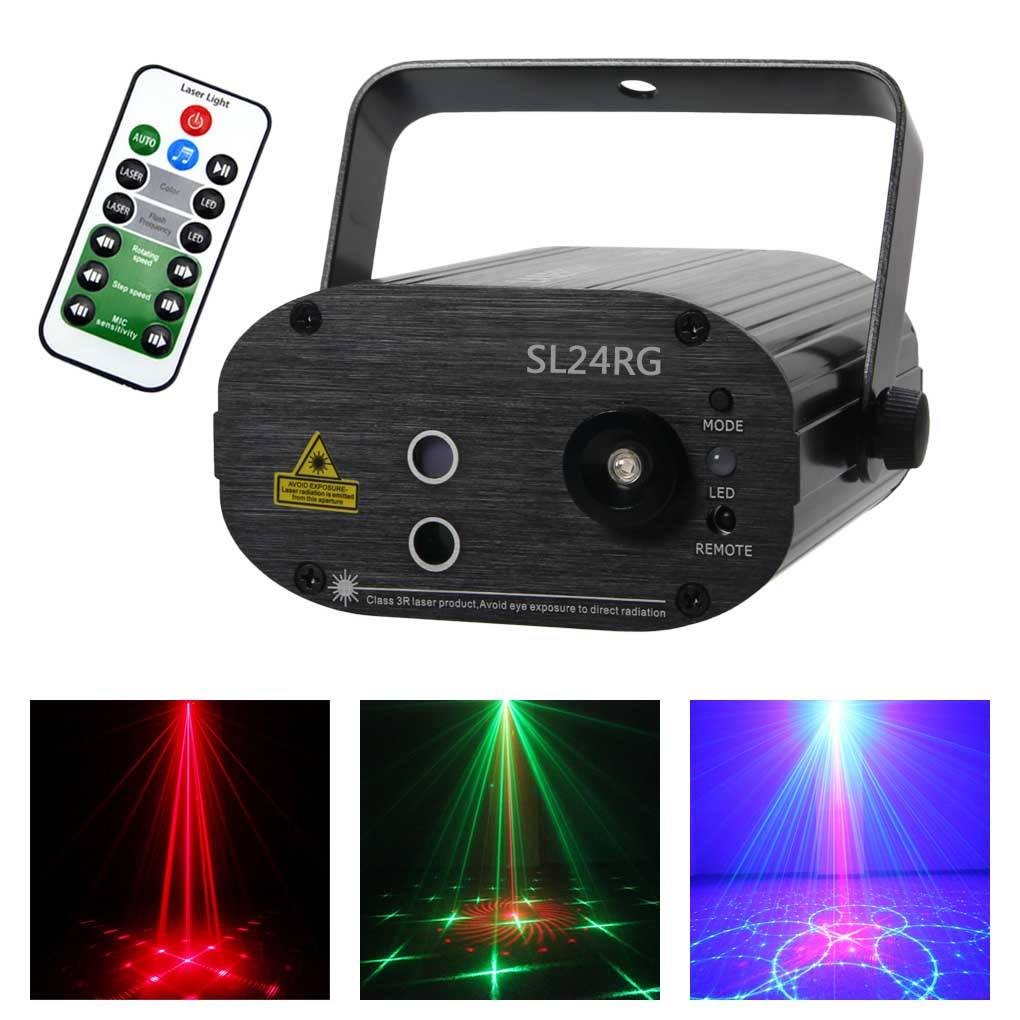 AUCD Mini Remote 24 Patterns RG Red Green Laser Projector 3W Blue LED Lights DJ Home Party Wedding Show Stage Lighting Effect SL24RG