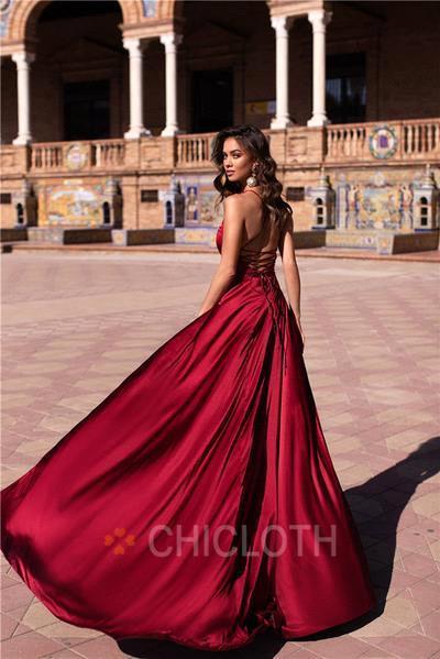 Red High Dark Side Split Prom Halter Neck Sexy Backless Floor Length Dresses Evening Party Wear Lace Up Back Eveing Gowns