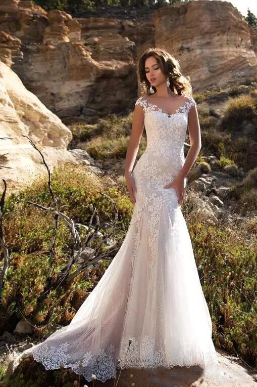 Sexy Illusion Back Mermaid Lace Country Wedding Dresses New Applique Cap Sleeve Long Train Designer Beach Boho Bridal Gowns Bride Dress
