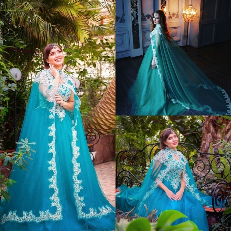 Modest A Line Evening Prom Dress High Neck Sleeveless Tulle Lace Party Dress Sweep Train Applique Wrap robes de soirée