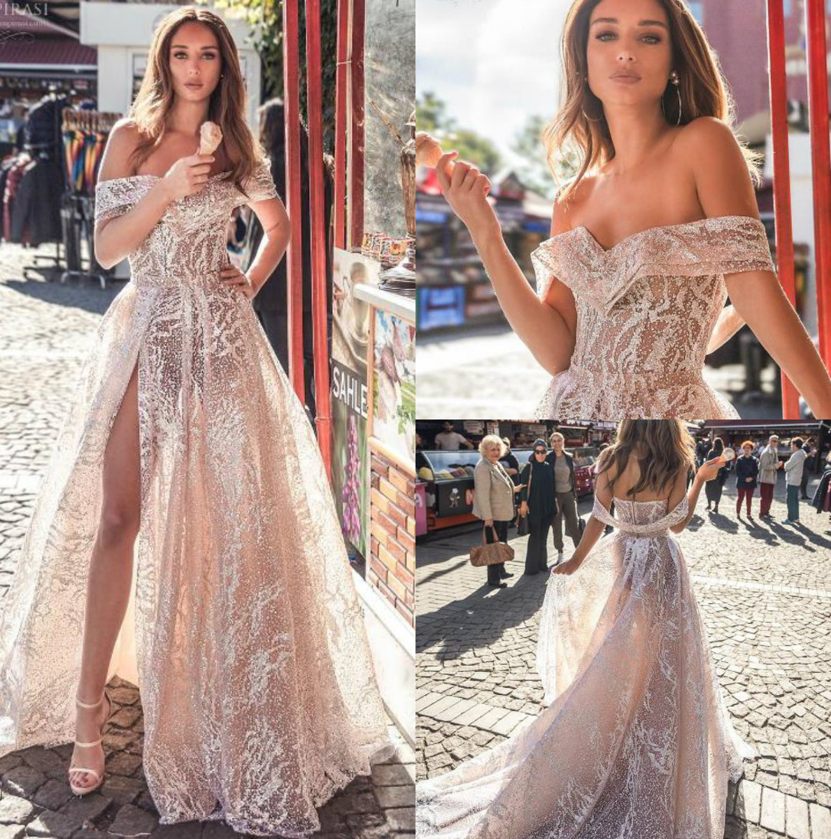 Dimitrius Dalia Champagne Mermaid Wedding Dresses Off Shoulder Lace Bridal Gowns Thigh Slit Backless Illusion Beach wedding dress Custom
