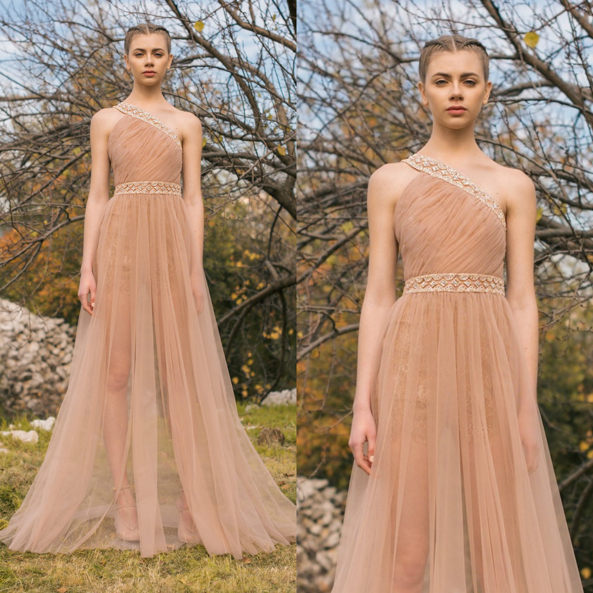 2019 Gorgeous Champagne Prom Dresses One Shoulder Beaded Illusion Long Special Occasion Dress Georges Hobeika Formal Party Evening Dresses