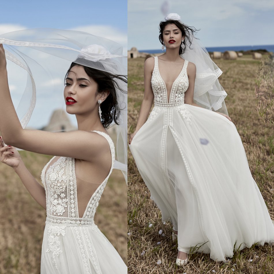 A Line Wedding Dress V Neck Sleeveless Beads Appliques Tulle Wedding Dresses Sweep Train Boho Bridal Gowns, Grape
A Line Wedding Dress V Neck Sleeveless Beads Appliques Tulle Wedding Dresses Sweep Train Boho Bridal Gowns, Grape