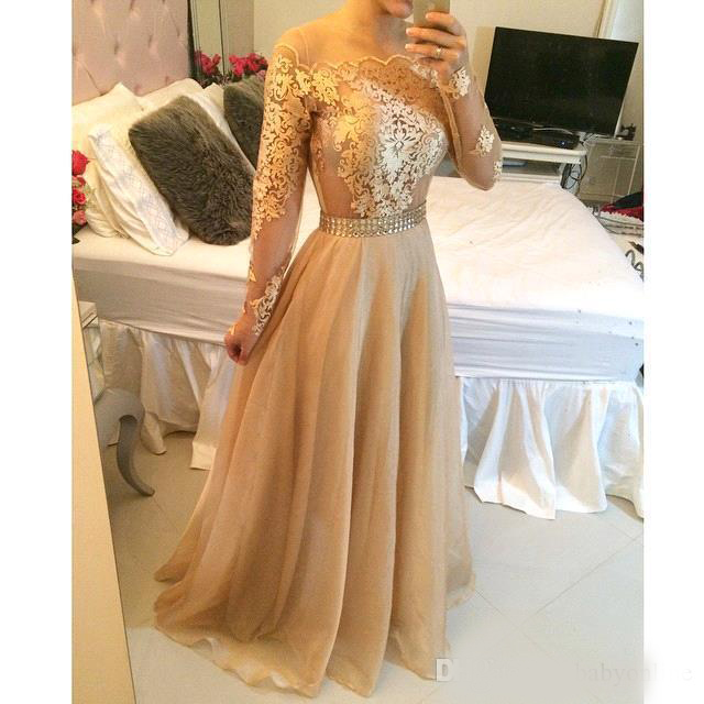 2020 Gold Champagne Sexy Lace Long Sleeves Prom Dresses Bateau Pearls Waist Long Lace Appliques Organza Vestidos Evening Dresses