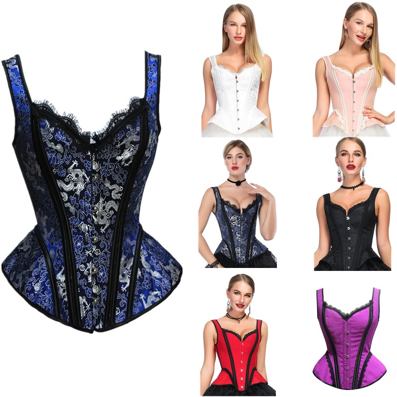 Women Vintage Halterneck Contrast Panel Overbust Padded Corset with Side Hip Curve Lace Up Coselet Fashion Dancing Corset Top Multicolor