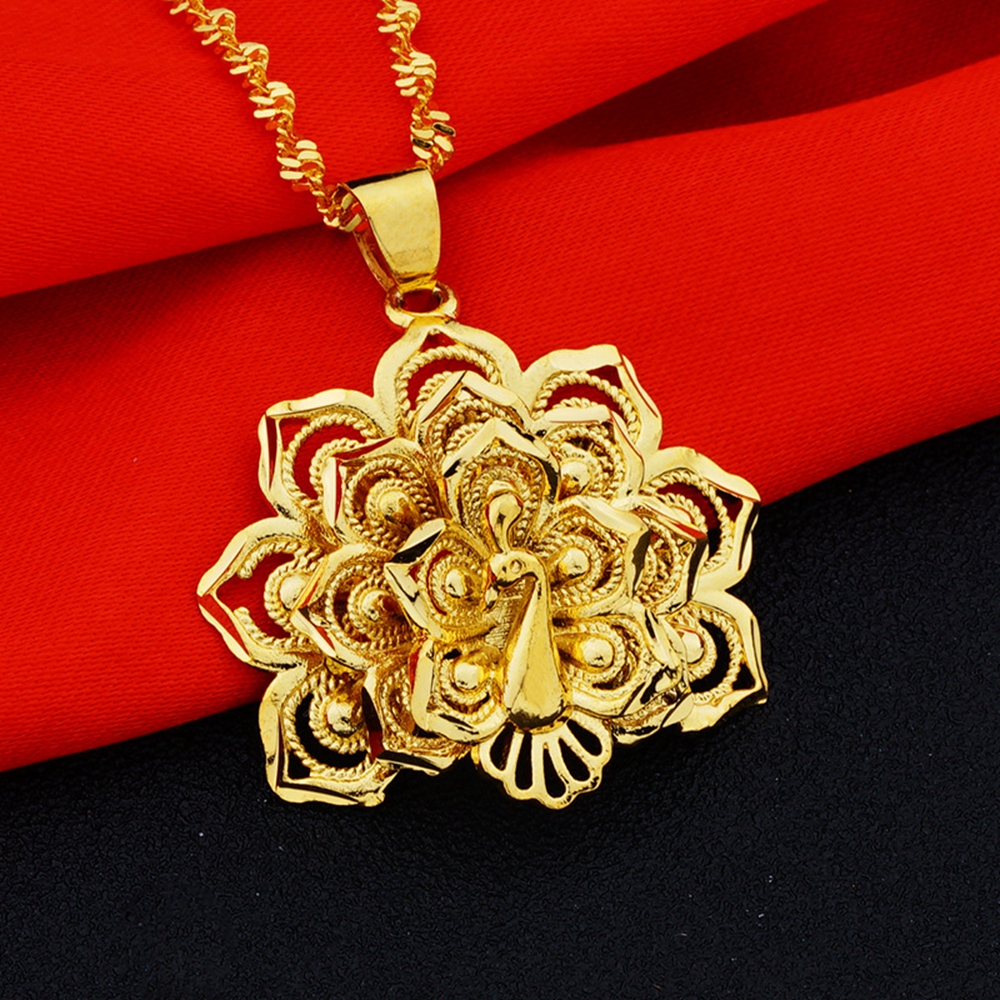 Vivid Peacock Pendant Chain Solid 18k Yellow Gold Filled Womens Girls Filigree Hollow Pendant Necklace Gift Fashion Accessories
