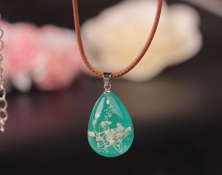 Resin Water Drop Dried Flower Stone Pendant Necklace Jewelry DJN73 mix order Pendant Necklaces jewelry