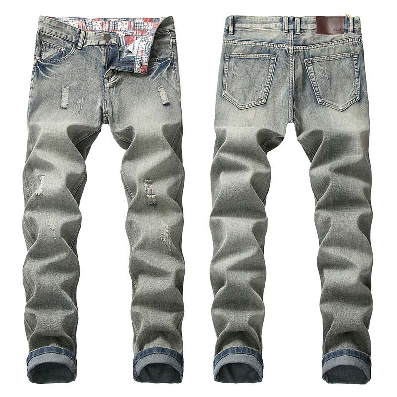 Men Casual Jeans Denim Pants Straight Knees Holes Vintage Nostalgic Regular Trousers, T-117
Men Casual Jeans Denim Pants Straight Knees Holes Vintage Nostalgic Regular Trousers, T-117