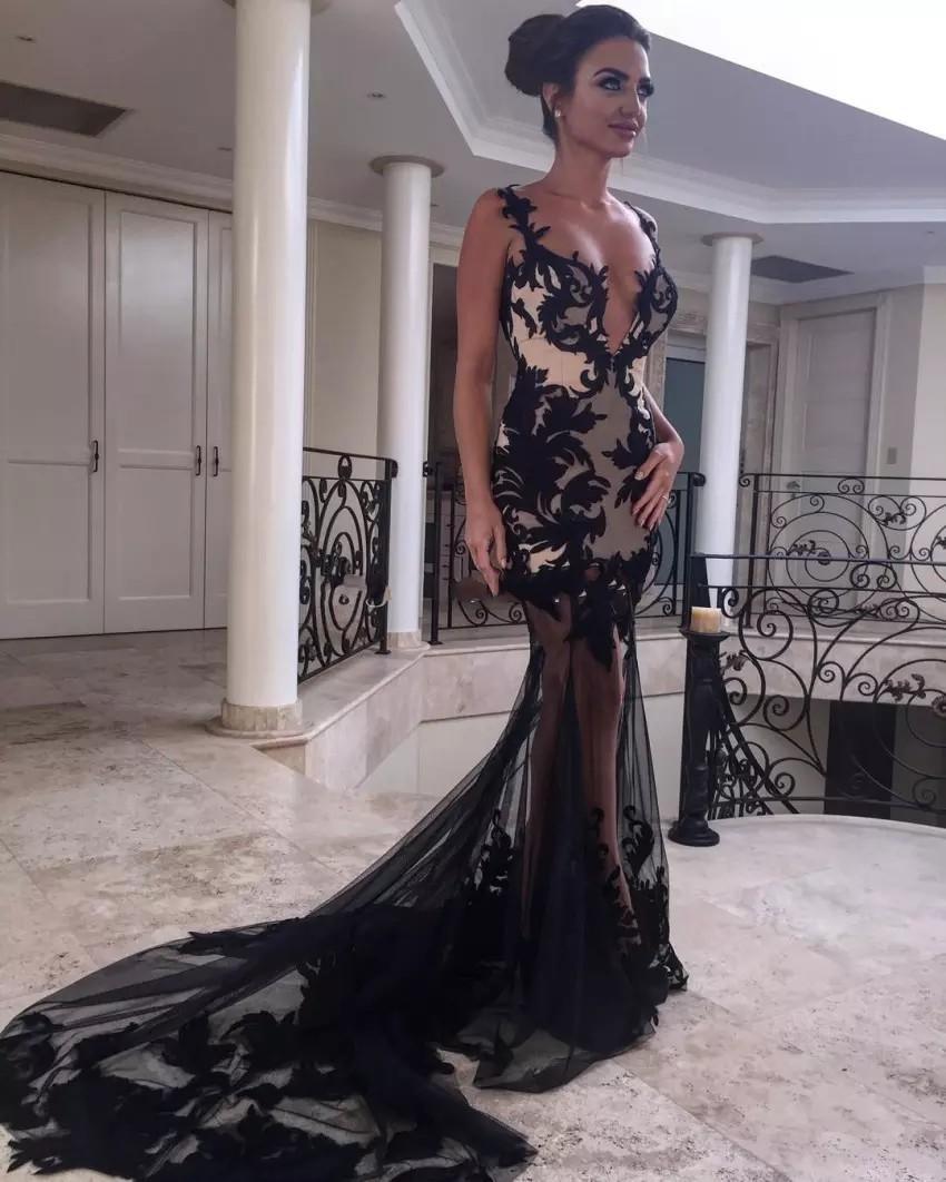 2020 New Sexy Black Illusion Mermaid Evening Dresses Spaghetti Straps Embroidery Appliques Tulle Backless Prom Dress Evening Party Gowns