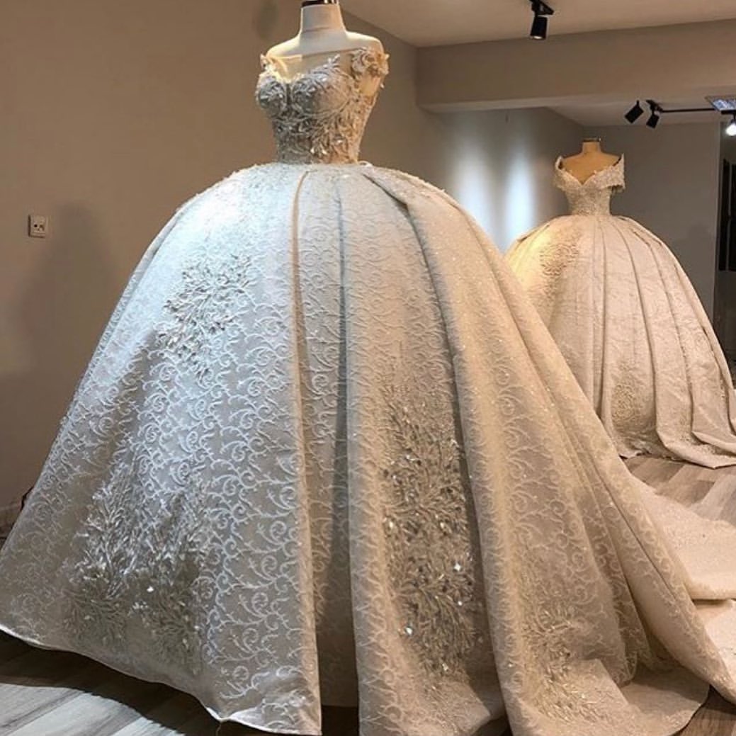 Ball Gown Wedding Dresses Sparkg Sequins Lace Appliqued Off Shoulder Arabic Vestido De Novia Vintage Bridal Gowns