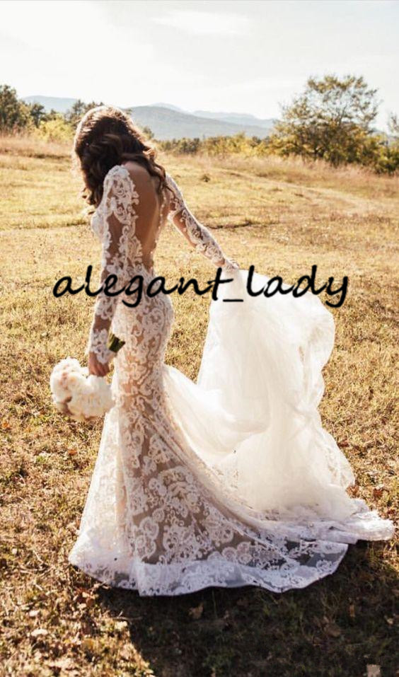 Illusion Long Sleeve Wedding Dresses 2020 Berta Lace Applique Covered Buttons Chapel Train Countryside Garden Bride Reception Dress