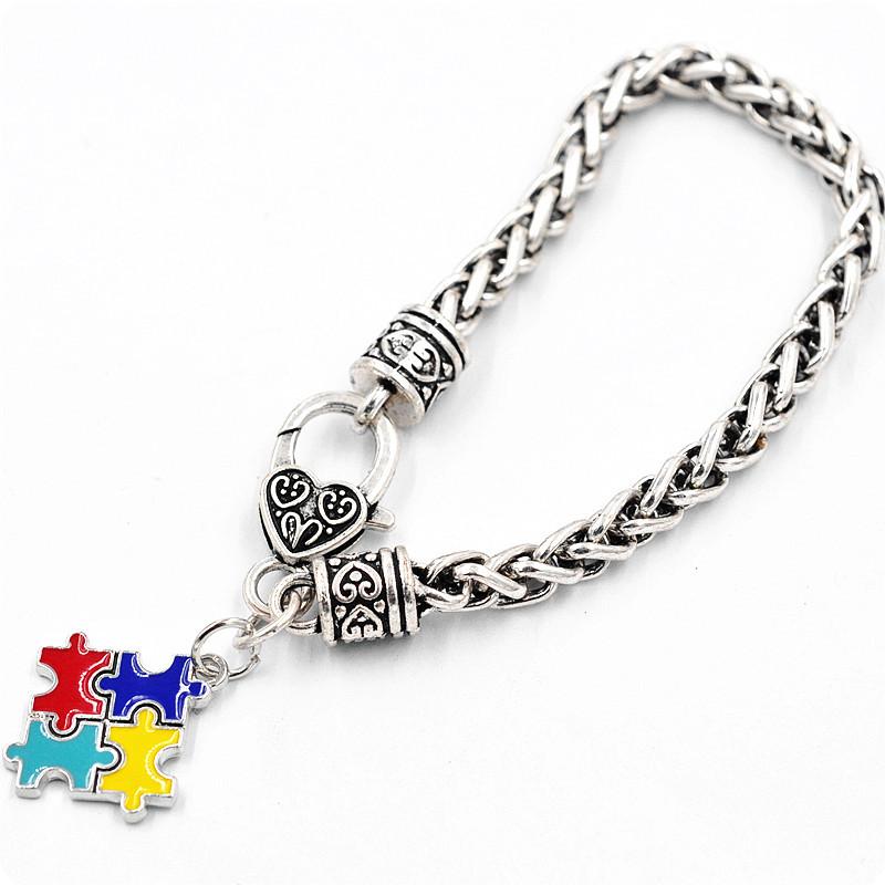 Autism Awareness Puzzle Jigsaw Colorful Fashion Square Enamel Charm Bracelet Friendship Jewelry for kids boys girls unisex women men