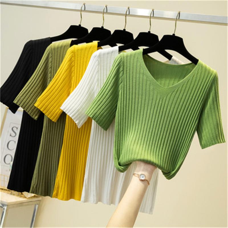 Knit Pullover Women Tops Short Sleeve Female Solid V-neck Sweater Shirts 2020 Summer Casual Femme Chemise Elastic Knitted Top, Beige
Knit Pullover Women Tops Short Sleeve Female Solid V-neck Sweater Shirts 2020 Summer Casual Femme Chemise Elastic Knitted Top, Beige