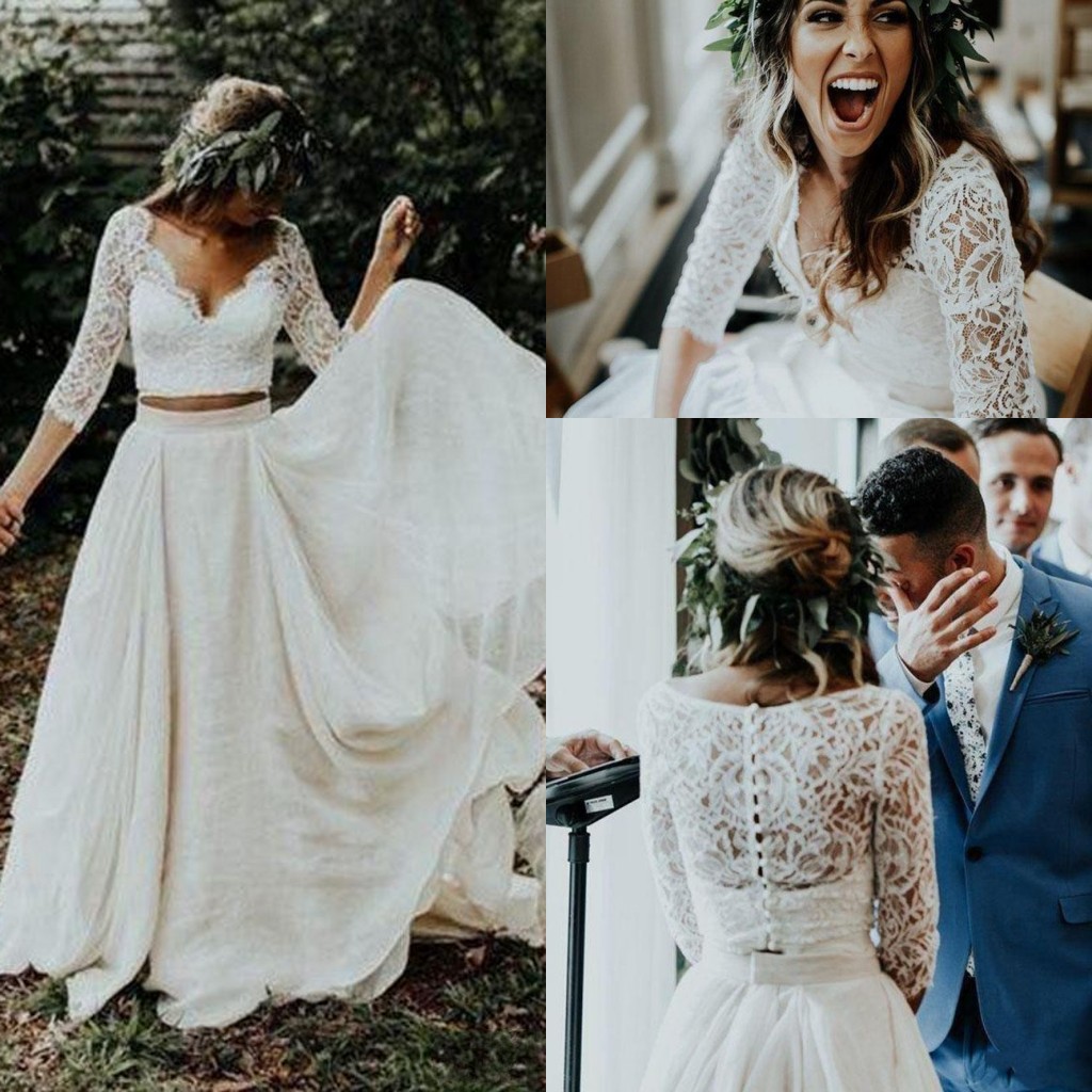 New Vintage Bohemian Beach A Line Wedding Dresses Two Pieces Lace Appliques V Neck Chiffon Illusion Plus Size Country Formal Bridal Gowns, Ivory
New Vintage Bohemian Beach A Line Wedding Dresses Two Pieces Lace Appliques V Neck Chiffon Illusion Plus Size Country Formal Bridal Gowns, Ivory