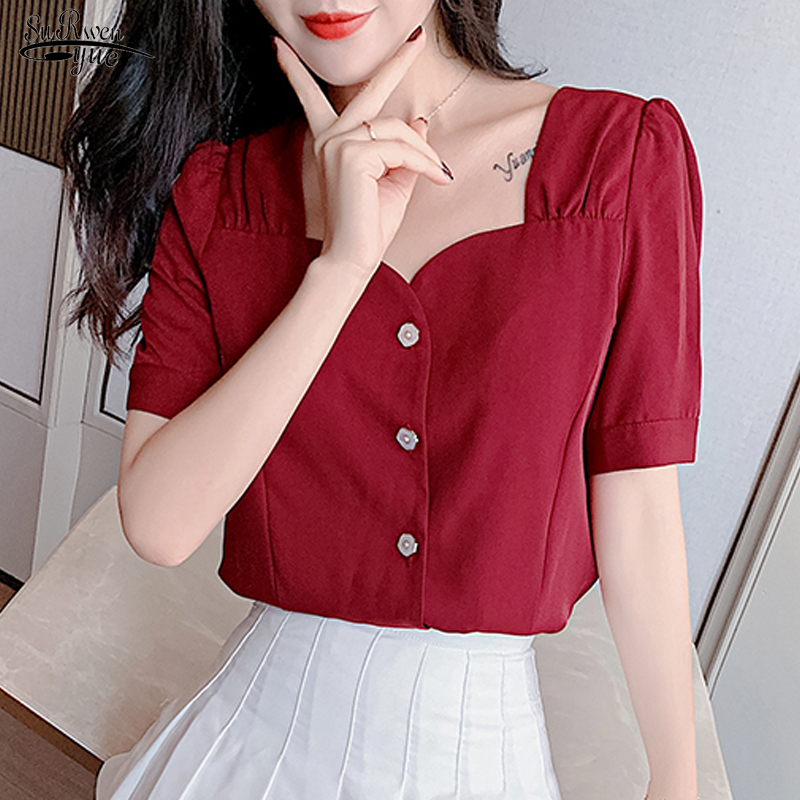 2020 Summer Short Sleeve Square Collar Chiffon Blouse Woman' Shirts Wine Red Sweet Korean Cardigan All-match Top Female 10052
2020 Summer Short Sleeve Square Collar Chiffon Blouse Woman' Shirts Wine Red Sweet Korean Cardigan All-match Top Female 10052