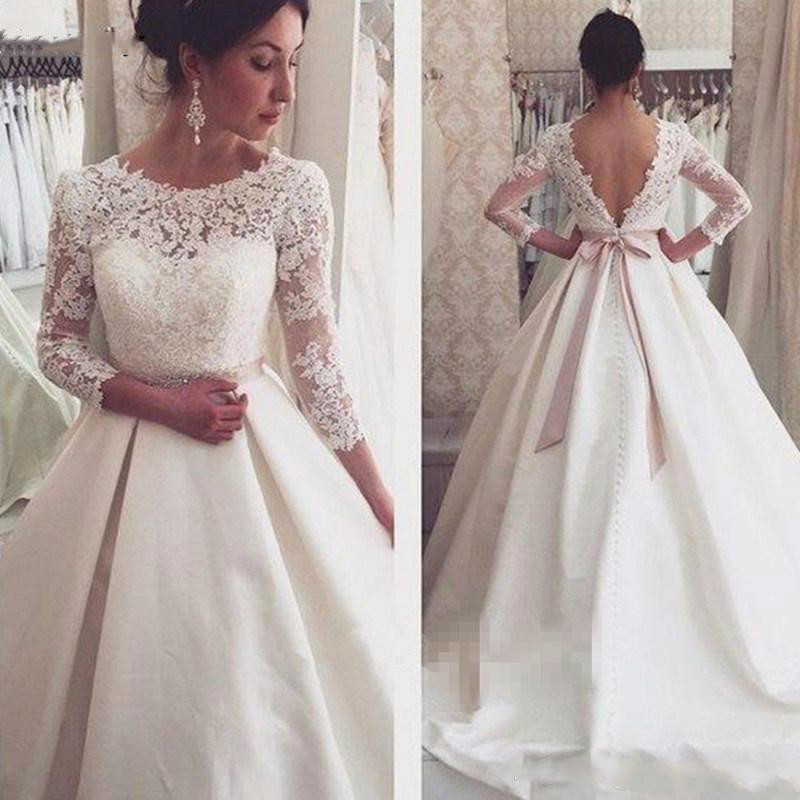 Summer A Line Wedding Dresses Jewel Neck Lace Appliques Long Sleeve Bridal Gowns Backless Sweep Train Wedding Dress Vestios De Novia
