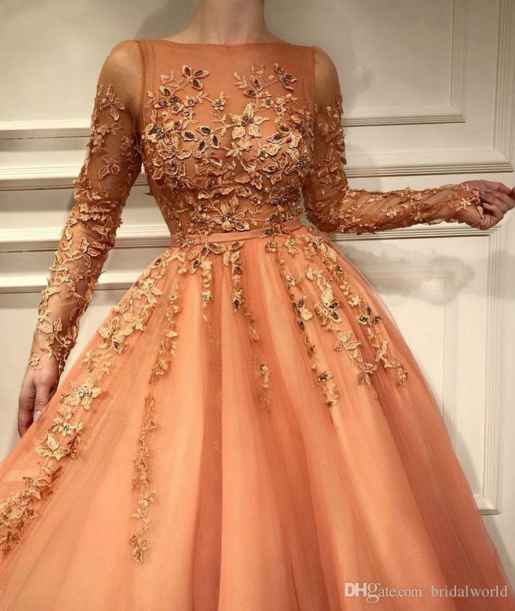 Lace Orange Evening Dresses With Long Sleeves A Line Appliques Beaded Long Prom Dress Belt Illusion Bodice Abendkleider Formal Occasion Gown