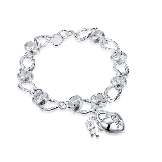 Hot sale 925 silver Hanging insets heart lock, flower spoon Bracelet DFMCH081,fashion 925 sterling silver plated Chain link bracelets