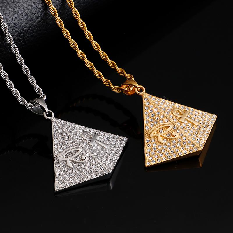 Egyptian Pyramids Cross Pattern Pendants Necklace Hip Hop 316L Stainless Steel 18K Gold Plated Rhinestone Setting Jewelry