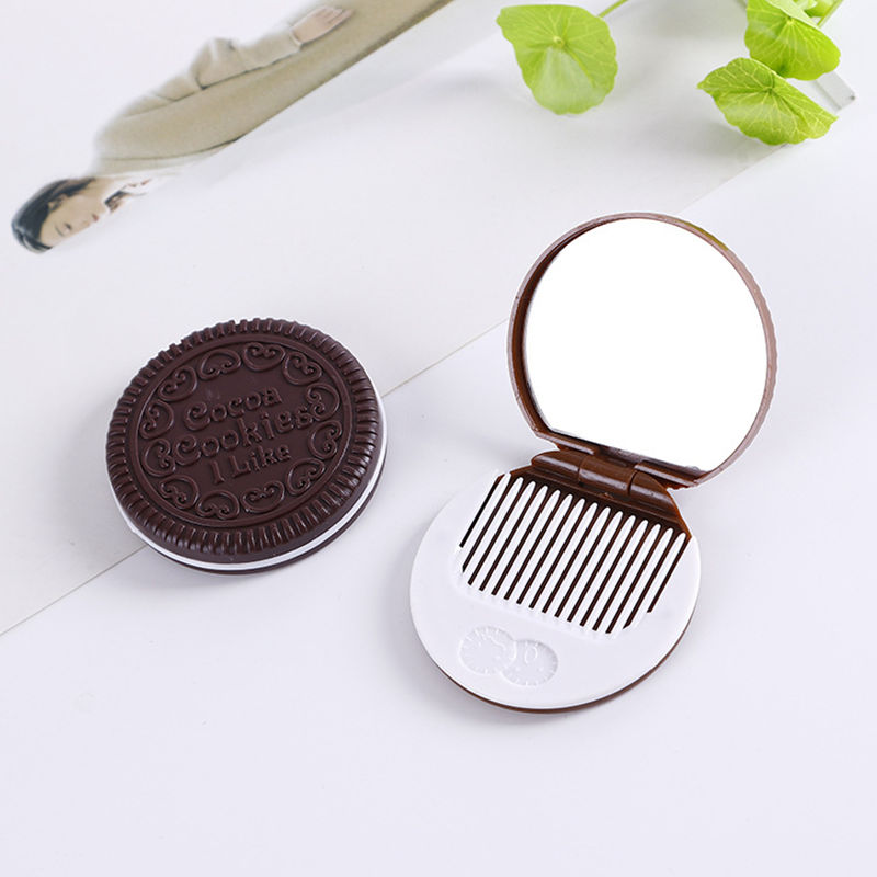 Cute Chocolate Cookie Shaped Design Makeup Mirror with Comb Lady Women Makeup Tool Pocket Mirror F2107