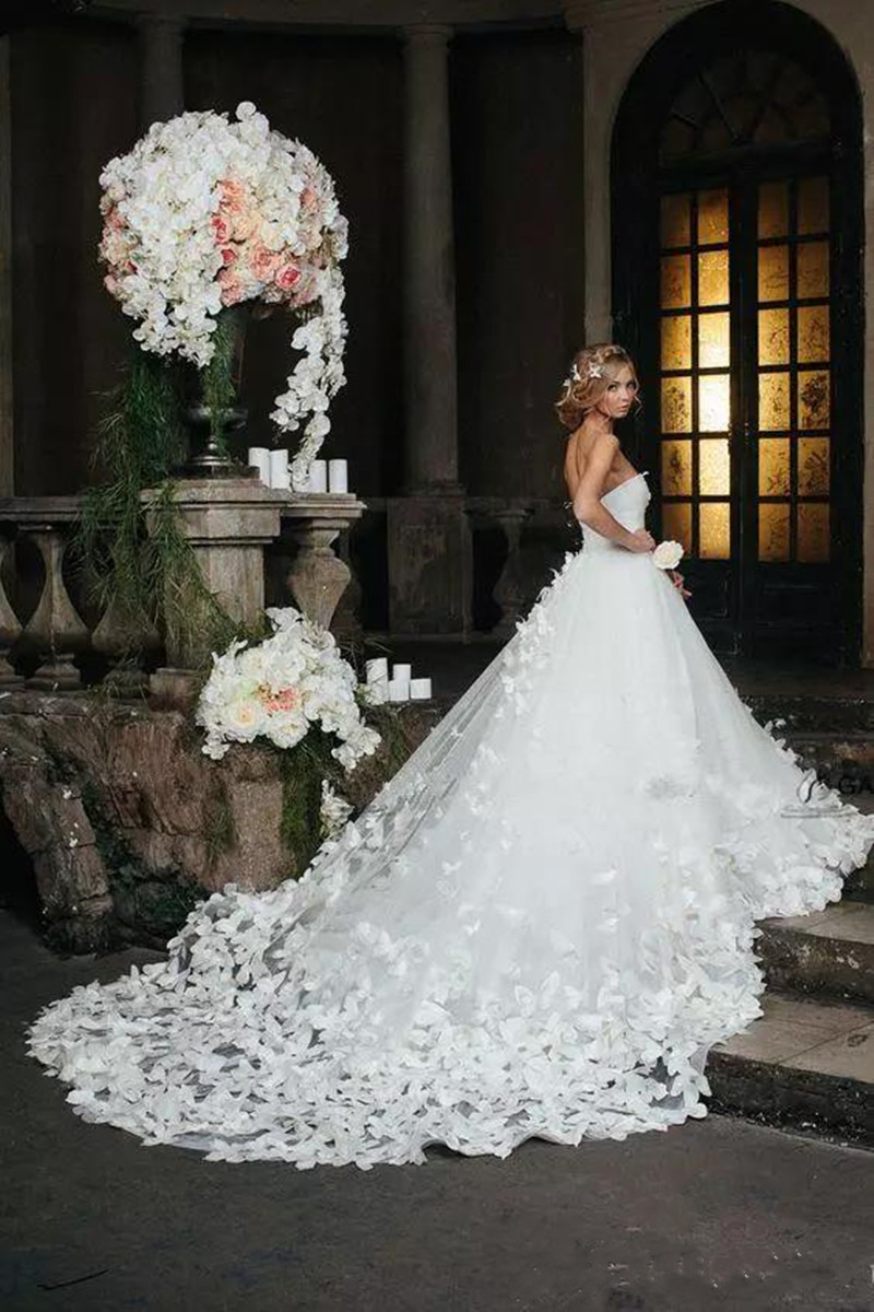 2020 New Vintage Princess Wedding Dresses with Flowers And Butterflies in Cathedral Train Arabic Middle East Church Garden Wedding Gown
