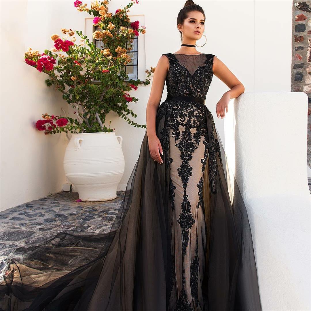2019 Mermaid Prom Dresses With Detachable Train Lace Applique Beaded Illusion Evening Gowns Custom Made robes de soirée