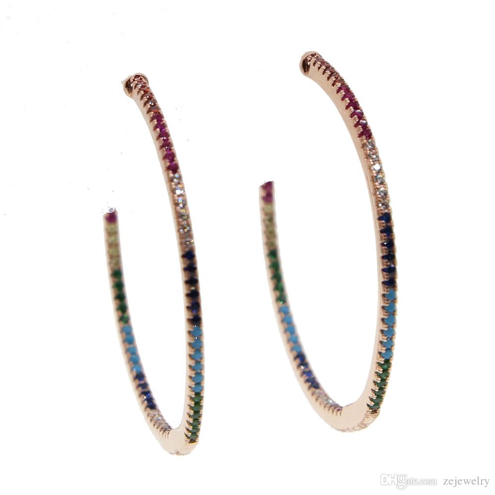 2024 Top quality delicate rainbow CZ hoop earring with colorful Rhinestone 45 mm Circle earring for women rose gold color fashion jewelry