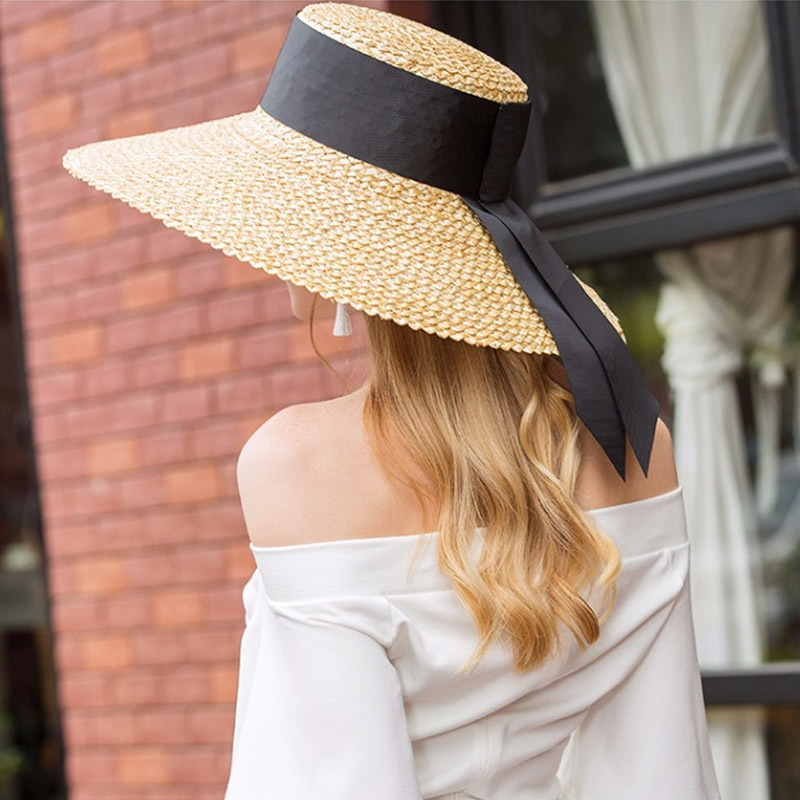FGHGF Natural Women Sun Hats Black Ribbon 9cm 13cm 15cm Flat Top Large Wide Brim Straw Hats Straw Hat Chapeu Sombrero Beach Hats D19011106