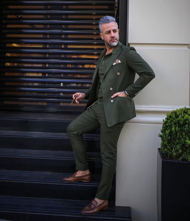 2020 Dark Green Stripe Mens Suits Two Piece Tweed Suit Herringbone Notched Lapel Custom Made Groom Tuxedos Wedding Prom Dress Jacket Pants