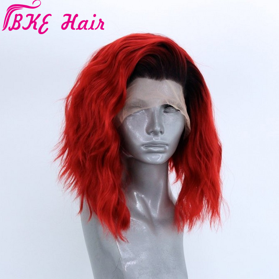 High quality rihanna style natural soft Short Loose natural Waves Black Roots Ombre Red Bob Synthetic Lace Front Wig Free Part for Women