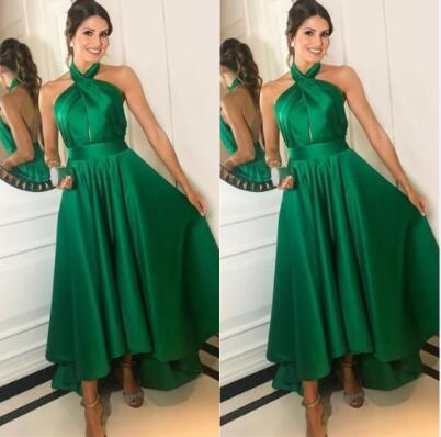 2020 Sleeveless Pleated Satin Sexy Backless Ankle Length Prom Party Formal Gowns Elegant Hunter Halter A-line Hi-Lo Evening Dresses