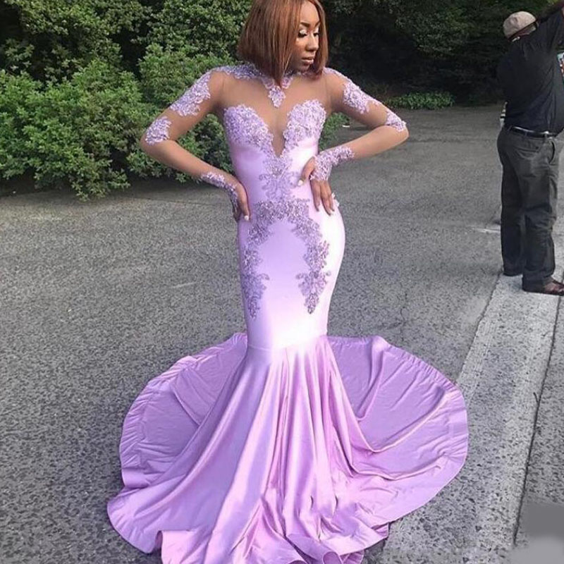 2020 New Arrival Lavender African Mermaid Prom Dresses Long Sleeve Lace Appliqued Prom Gowns Best Selling