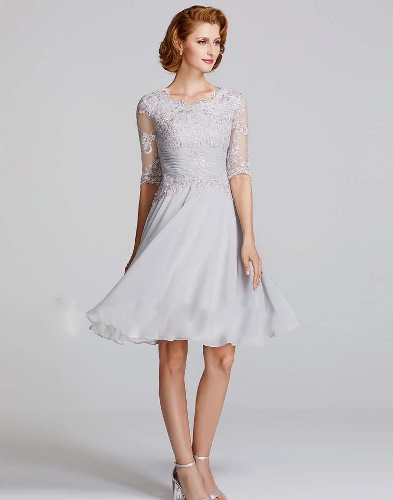 2019 Newest Short Mother of the Bride Dresses Lace Appliqued Chiffon Knee Length 3/4 Long Sleeve Mothers Dresses Cheap Wedding Guest Dress