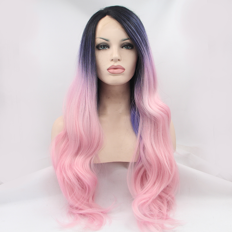 Long ombre pink body wave synthetic lace front wigs with dark roots natural hairline heat resistant fiber hair for black women