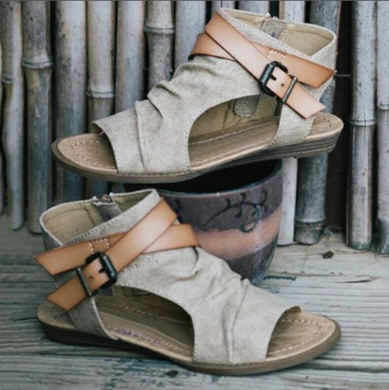 Hot Sale-als Fashion Canvas Peep Toe Women Sandals Open Toe Lace-up Flats Beach Casual Flip Flops
