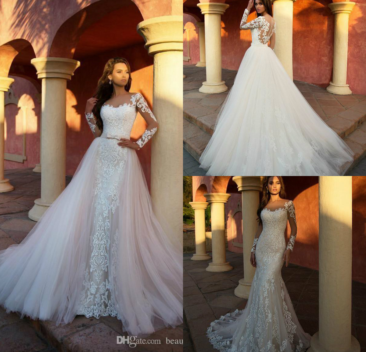 2019 Modest Mermaid Full Lace Wedding Dresses With Detachable Train Sheer Neck Long Sleeve Wedding Gowns Illusion Beach robes de mariée, Ivory
2019 Modest Mermaid Full Lace Wedding Dresses With Detachable Train Sheer Neck Long Sleeve Wedding Gowns Illusion Beach robes de mariée, Ivory