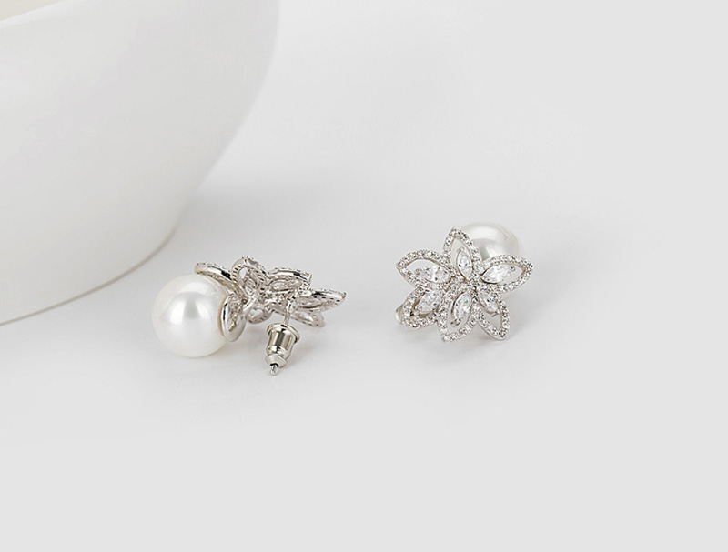 Pearl Flower Drop Earrings Bling White Zircon Fine Jewelry Wedding Dangle Earrings for Women Girl Gift