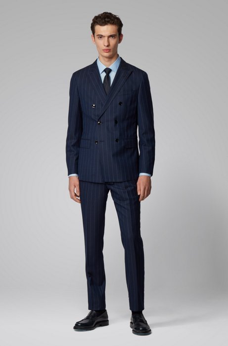 Navy Young Stripe Groom Wedding Tuxedos Men Groom Suits Peaked Lapel Double Breasted Prom Party Blazer Jacket (Jacket+Pants)