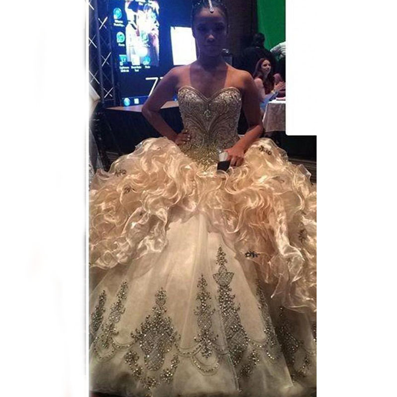 Luxurious Bling Rhinestone Crystals Quinceanera Dresses Ball Gowns Ruffles Gold Organza Sweet 16 Dresses Formal Prom Dresses