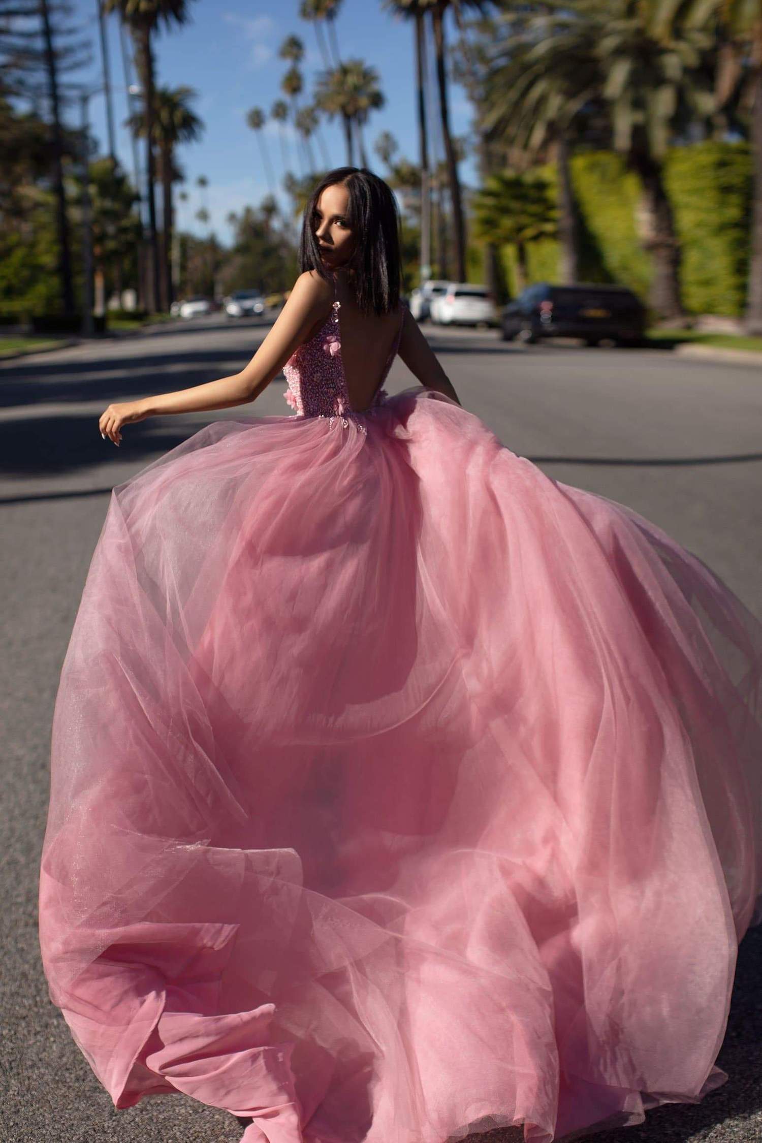 2020 Rosy Evening Dresses V Neck Lace Appliqued Beaded Sleeveless Prom Gown Backless Sweep Train Custom Made Tulle Formal Party Gown
