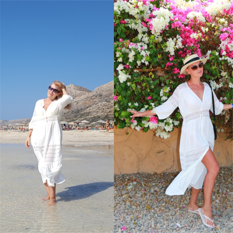 Ladies Dresses Elegant Long White Lace Sundress Sexy Front Open Deep V Neck Ruffle Maxi Dress Summer Women Beach Tunic N561 Y19012102