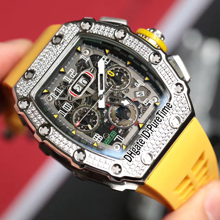 RM11-03 Automatic Mens Watch Steel Case Silver Diamond Bezel Skeleton Dial Big Date Yellow Rubber Watches Puretime 11-03d04, M11-03zb4 (3) 
RM11-03 Automatic Mens Watch Steel Case Silver Diamond Bezel Skeleton Dial Big Date Yellow Rubber Watches Puretime 11-03d04, M11-03zb4 (3)