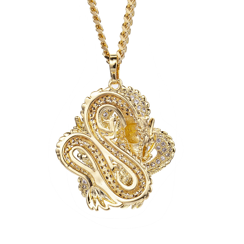 Hip Hop Chinese Dragon Pendant Gold Plated TopBling White Zircon New Designer Necklace Jewelry