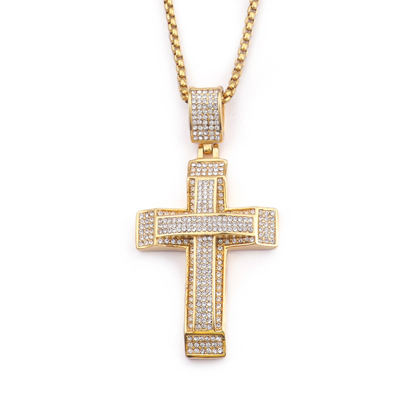 Double Layers Cross Pendants Necklace Men Hip Hop 316L Stainless Steel Full Cubic Zirconia Setting 18K Gold Plated Jewelry