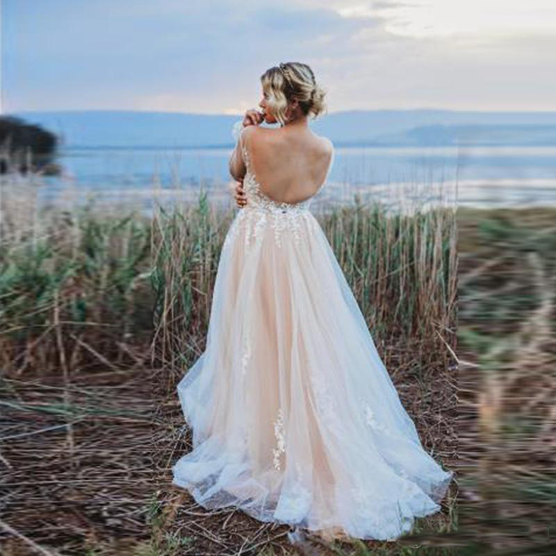 Champagne Bohemian Wedding Dresses A Line Summer Spring Garden Beach Boho Bridal Gowns Long Sleeve Appliques Robe de soriee