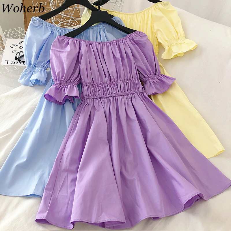 Woherb Women Dress Summer New Korean Clothes Slash Neck Ruffles Robe Sexy Off Shoulder Flare Sleeve Vestidos Solid Sweet Dresses, Black
Woherb Women Dress Summer New Korean Clothes Slash Neck Ruffles Robe Sexy Off Shoulder Flare Sleeve Vestidos Solid Sweet Dresses, Black