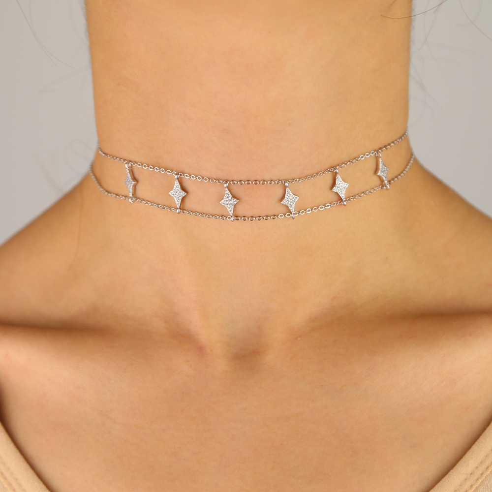 32+8CM choker necklace 6 pcs north star charm double chain elegance 925 sterling silver collar chain
