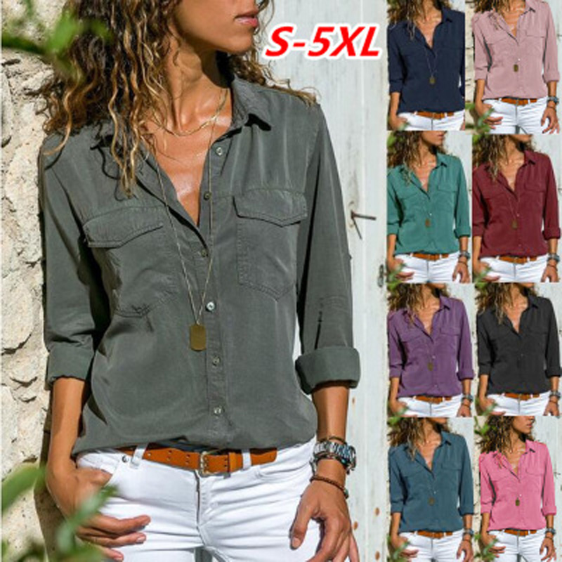 Women Pockets Designer Blouses Autumn Long Sleeve Turn-down Collar Solid Blouse Casual Loose Top Shirts Plus Size 5XL