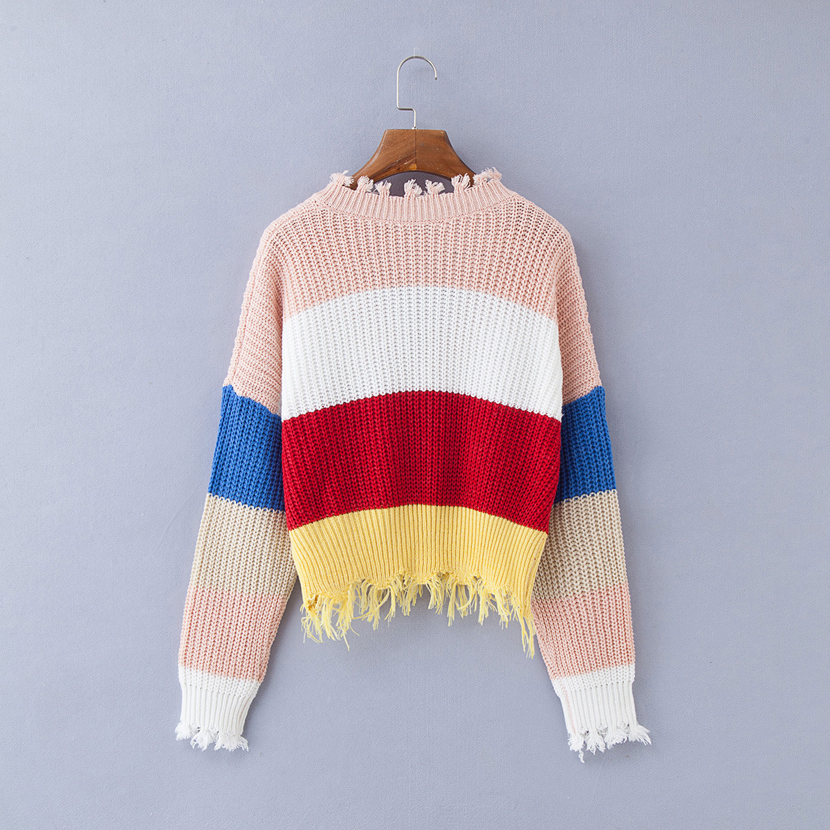 Fashion- Multi Color Blocked Cropped Sweater Women Winter Deep V-neck Tassel Knitted Pullover Cool Girls Loose Jumpers Pull Femme